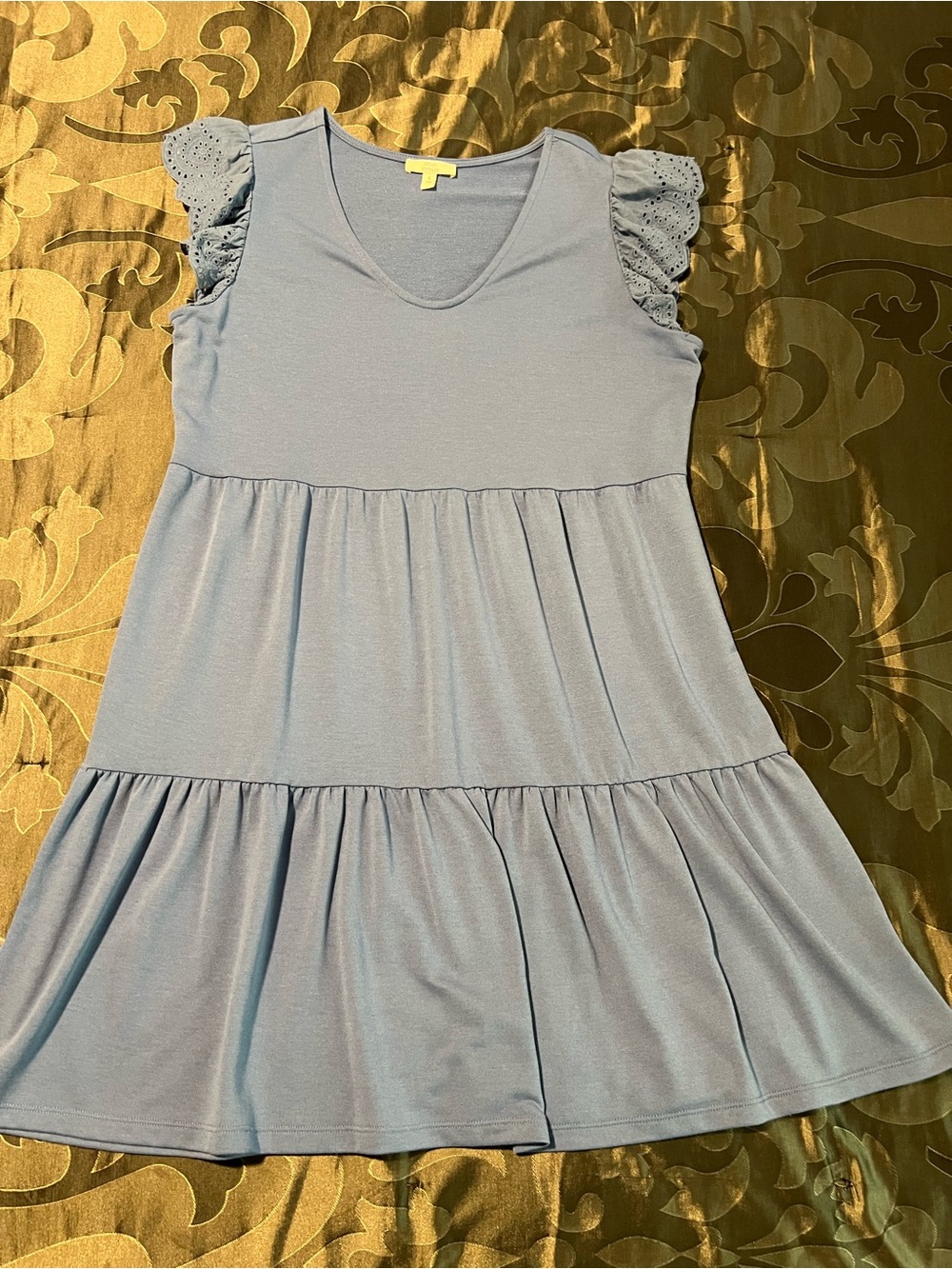 Como Vintage Women’s Light Dusty Blue Tiered Knit Dress w/ Eyelet Cap Sleeves L